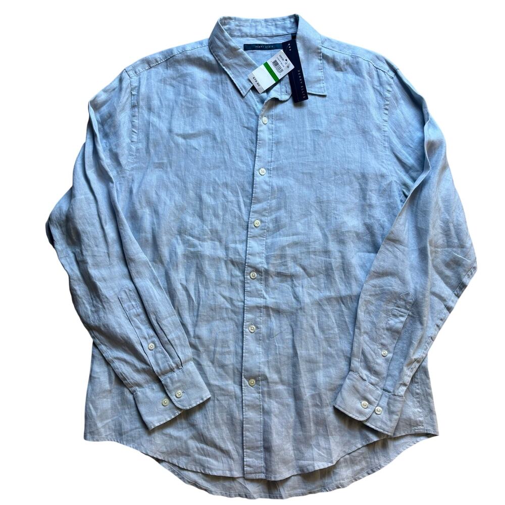 NWT Perry Ellis Light Blue 100% Linen Button Down Casual Shirt Resort Size Large
